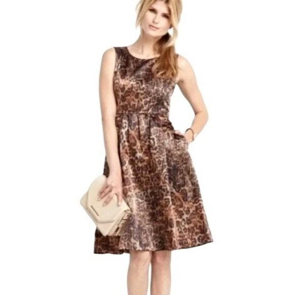 Lafayette 148 New York Dress Women Size 8 Brown Leopard Print Fit And Flare Mini - Picture 1 of 13